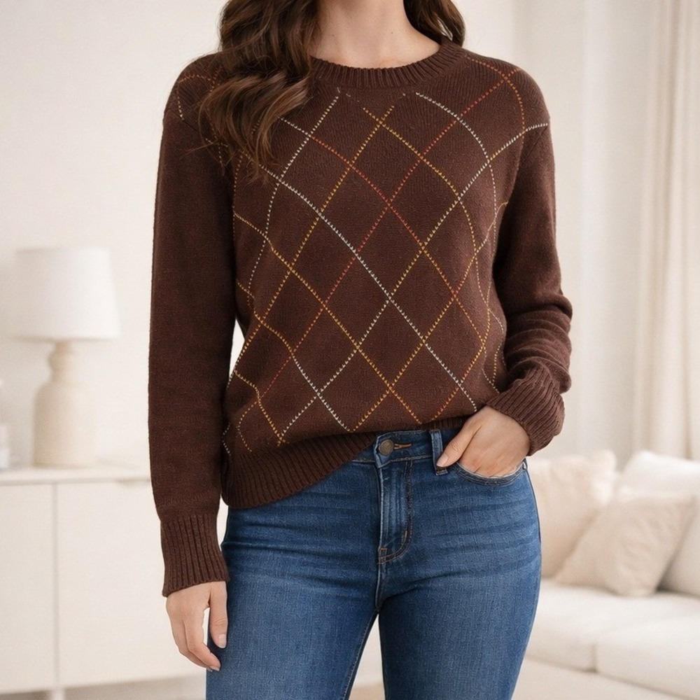 Fossil‎ Chocolate Brown Cotton Lambs Wool LARGE Argyle Sweater Natural Fiber L